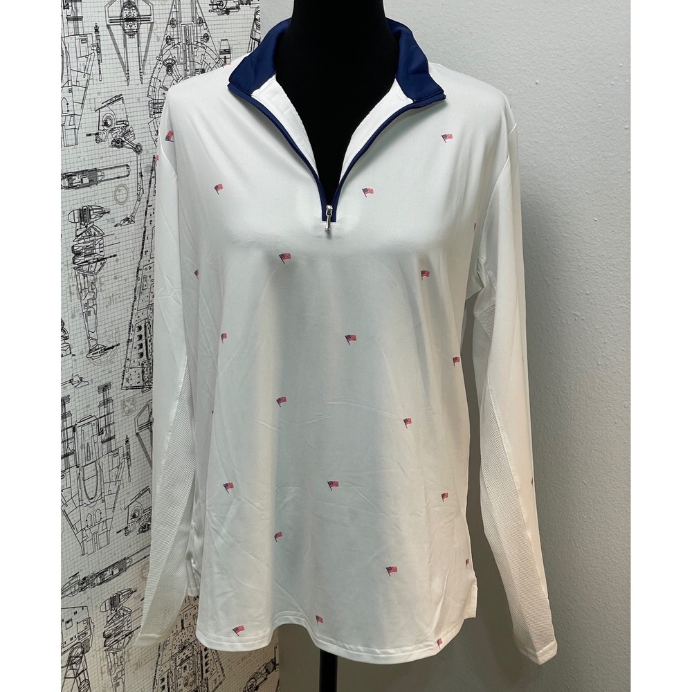 SanSoleil Performance Top American Flag XL White UPF 50 Quarter Zip Long Sleeve